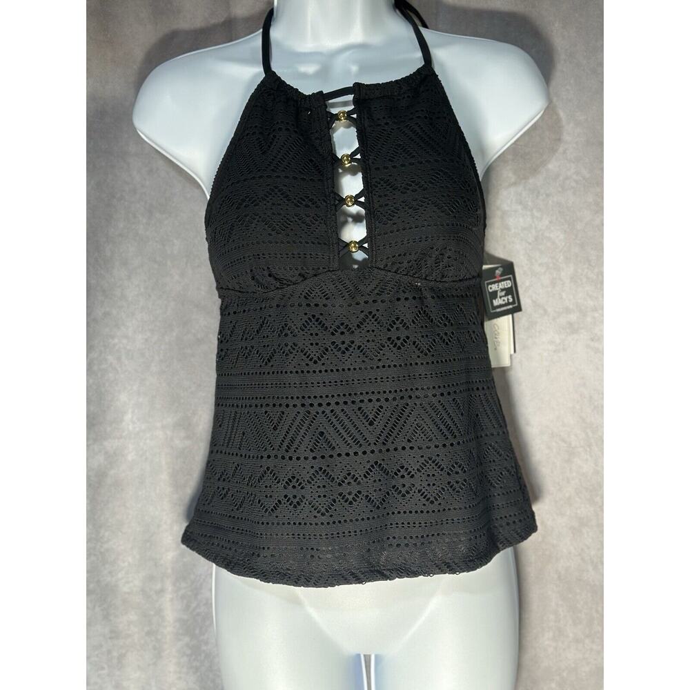 Salt + Cove BLACK Juniors' Crochet High-Neck Tankini Swim Top, US M